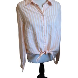 Peach and White Striped Button-Down Shirt Size L.